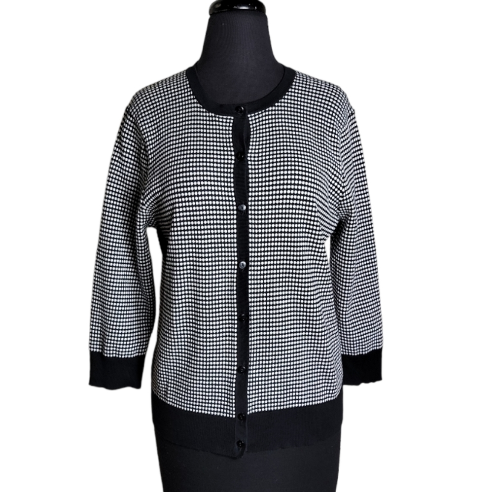 Ann Taylor black white polka dot knit button cardigan sweater women’s large